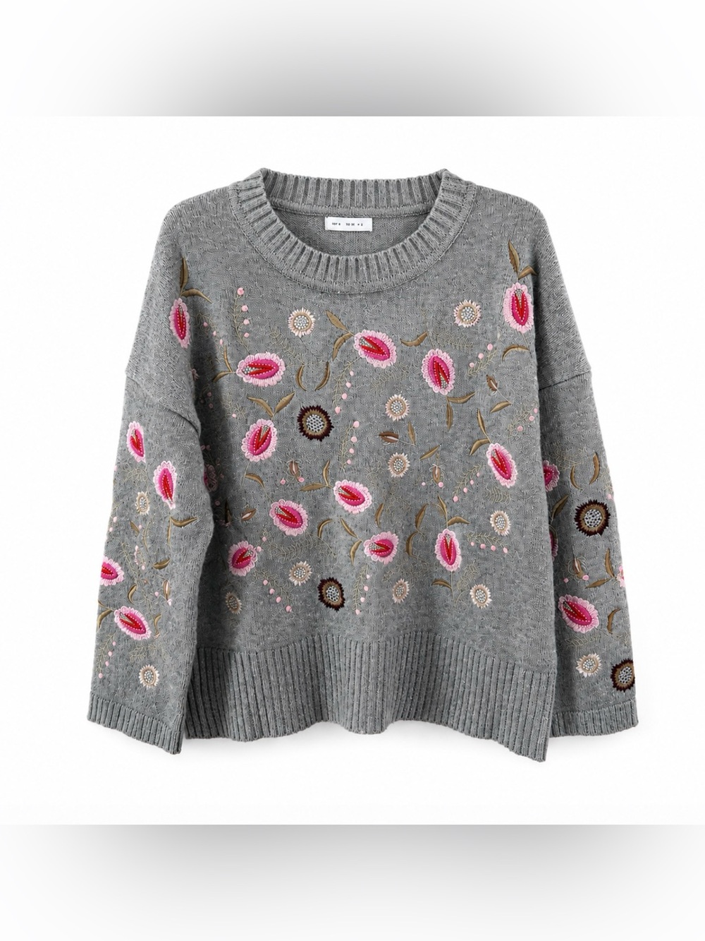 Floryday Gray and Pink Floral Embroidered Sweater Size S - Picture 2 of 8